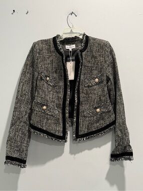 Melrose With Love Classic Tweed Fringe-Trim Cropped Jacket - Black & Gray